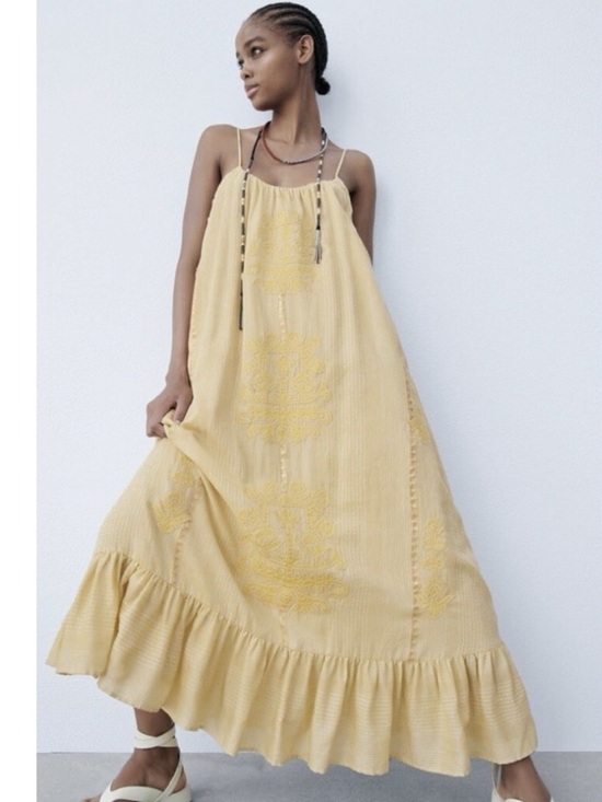 Zara Dresses & Skirts - Zara Pale Yellow Embroidered Spaghetti-Strap Maxi Dress